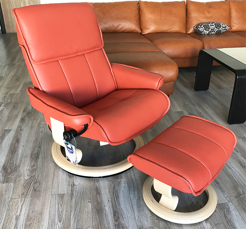 Stressless Admiral Large Paloma Henna Leather Recliner Chair and Ottoman by Ekornes