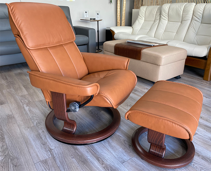 Stressless Admiral Recliner in New Cognac Paloma Leather and Brown Wood Stain Base