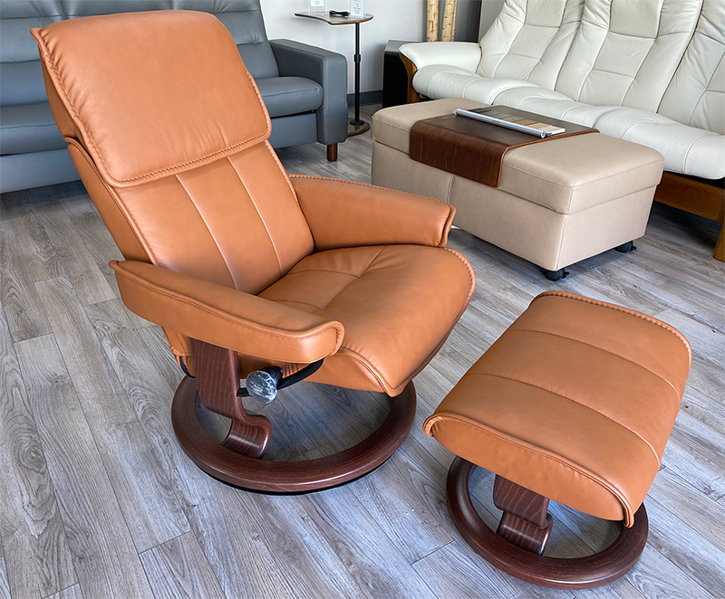 Stressless Admiral Recliner in New Cognac Paloma Leather and Brown Wood Stain Base