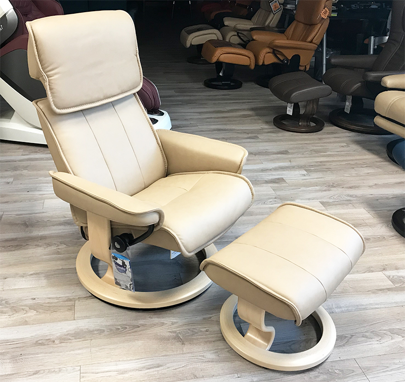 Stressless Admiral Classic Base Paloma Sand Leather Recliner Chair and Ottoman in Natural Wood Stain by Ekornes