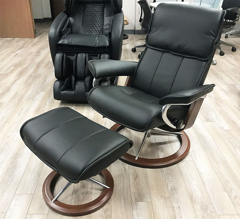 Stressless Admiral Signature Chrome Base Paloma Black Leather Recliner Chair and Ottoman by Ekornes