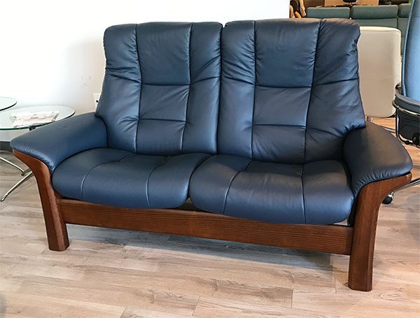 Stressless Buckingham 2 Seat High Back Reclining Loveseat in Paloma Oxford Blue Leather - Brown Walnut Wood Base