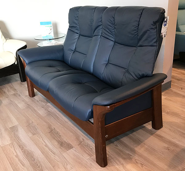 Stressless Buckingham 2 Seat High Back Reclining Loveseat in Paloma Oxford Blue Leather - Brown Walnut Wood Base