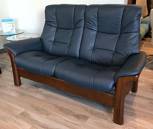 Stressless Buckingham Two Seat High Back Reclining Loveseat in Paloma Oxford Blue Leather - Brown Walnut Wood Base