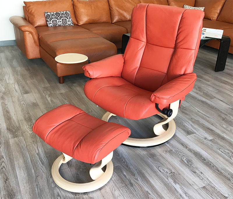 Stressless Large Mayfair Paloma Henna Leather Recliner Chair and Ottoman with Natural Wood by Ekornes