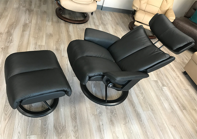 Stressless Magic Signature Matte Black Base Paloma Black Leather Recliner and Ottoman