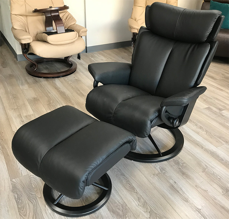 Stressless Magic Signature Matte Black Base Paloma Black Leather Recliner and Ottoman