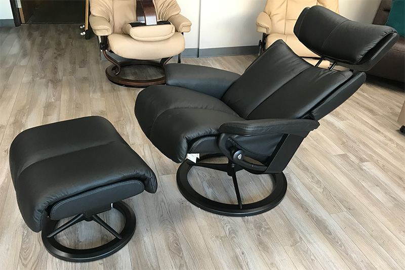 Stressless Magic Signature Matte Black Base Paloma Black Leather Recliner and Ottoman