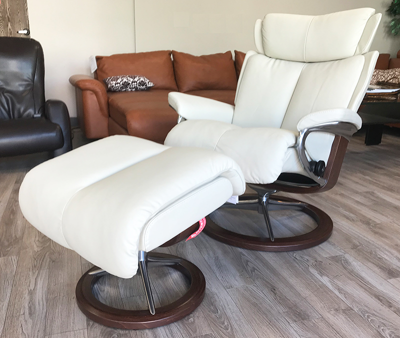 Stressless Magic Signature Chrome Base Paloma Light Grey Leather Recliner and Ottoman