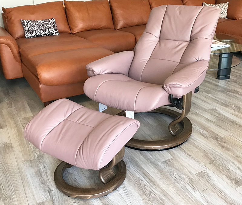 Stressless Mayfair Paloma Dusty Rose Leather Recliner Chair and Ottoman by Ekornes