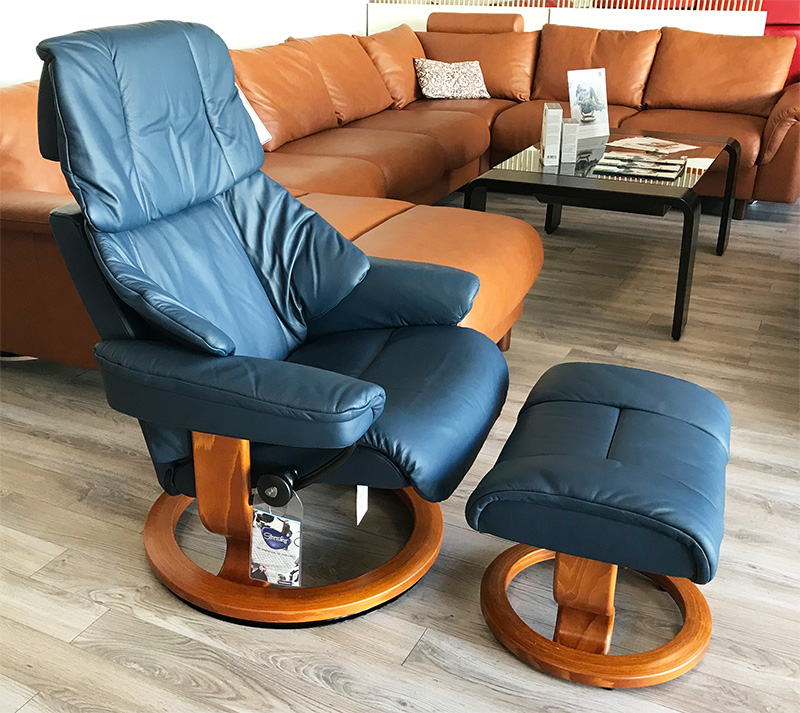 Stressless Reno Paloma Oxford Blue Leather Recliner Chair and Ottoman with Cherry Wood Stain by Ekornes