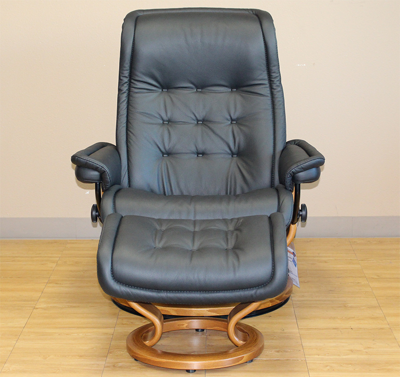 Stressless Royal Recliner Chair and Ottoman in Paloma Black Leather by Ekornes