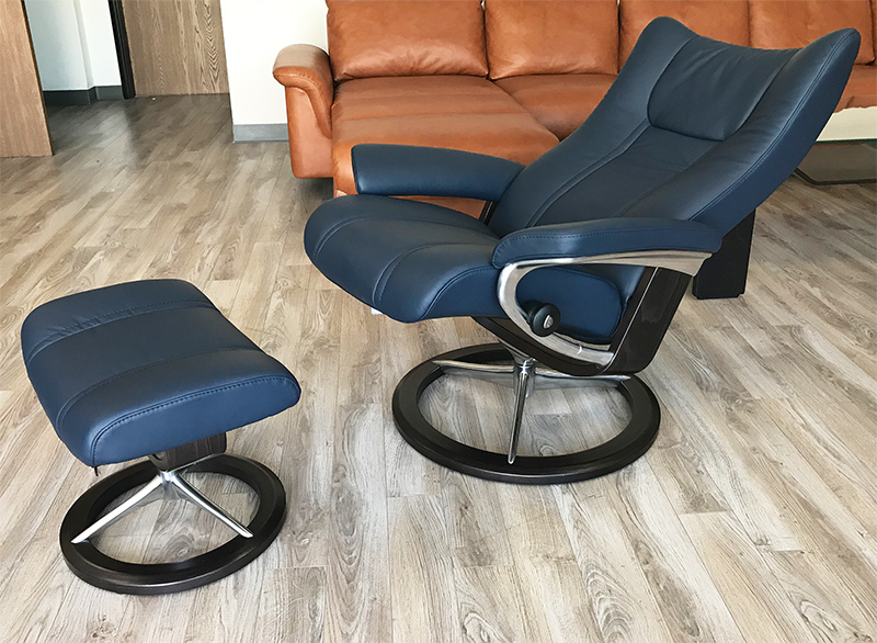 Stressless Wing Signature Base Recliner Chair and Ottoman in Paloma Oxford Blue Leather