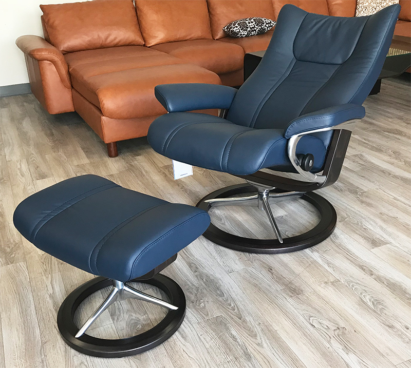 Stressless Wing Signature Chrome Base Recliner Chair and Ottoman in Paloma Oxford Blue Leather