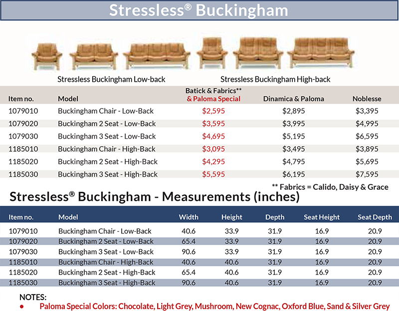 Stressless Buckingham Sofa Loveseat pricing and Measurements