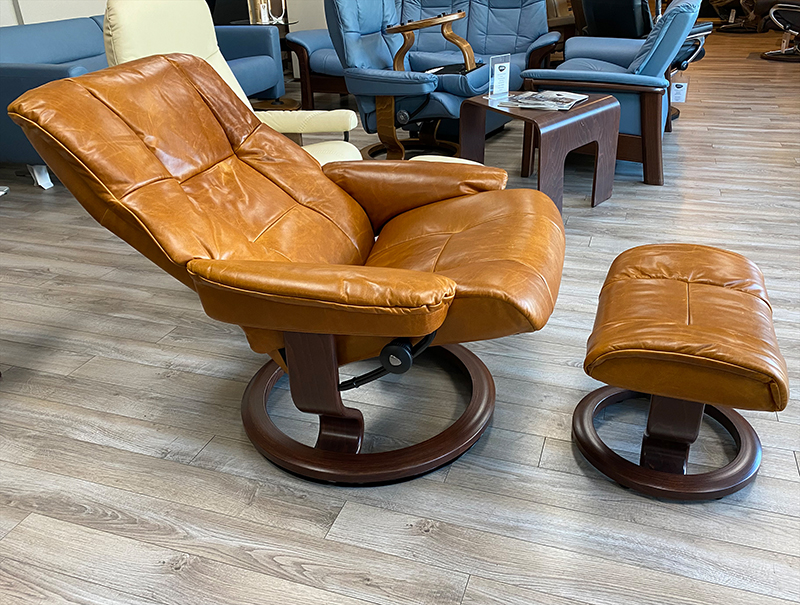 Stressless Mayfair Pioneer Cognac Leather Recliner Chair and Ottoman by Ekornes