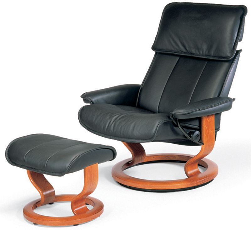 Stressless Admiral Paloma Black Leather Recliner Chair and Ottoman