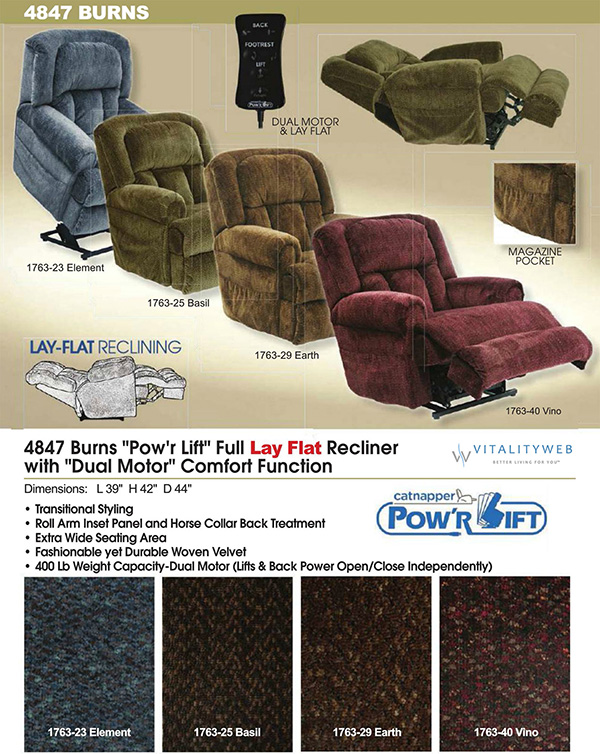 Catnapper Burns 4847 Dual Motor Lift Chair Recliner Information