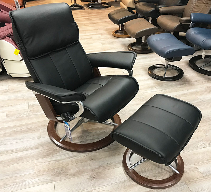 Stressless Admiral Paloma Black Leather Recliner Chair and Ottoman
