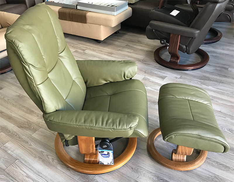 Stressless Mayfair Classic Base Paloma Dark Olive Leather Recliner Chair and Ottoman by Ekornes