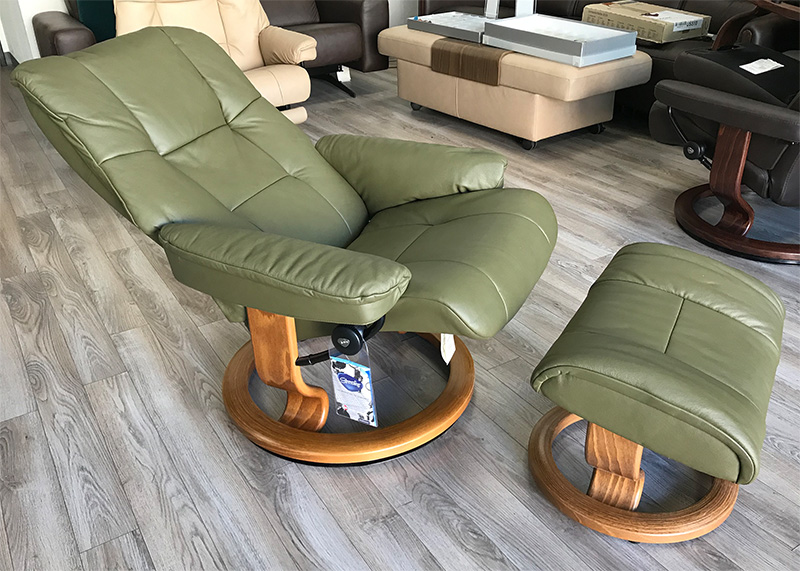 Stressless Mayfair Classic Base Paloma Dark Olive Leather Recliner Chair and Ottoman by Ekornes