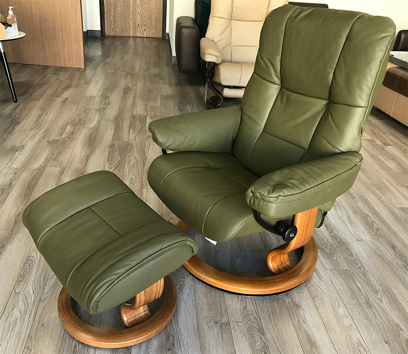 Stressless Mayfair Classic Base Paloma Dark Olive Leather Recliner Chair and Ottoman by Ekornes