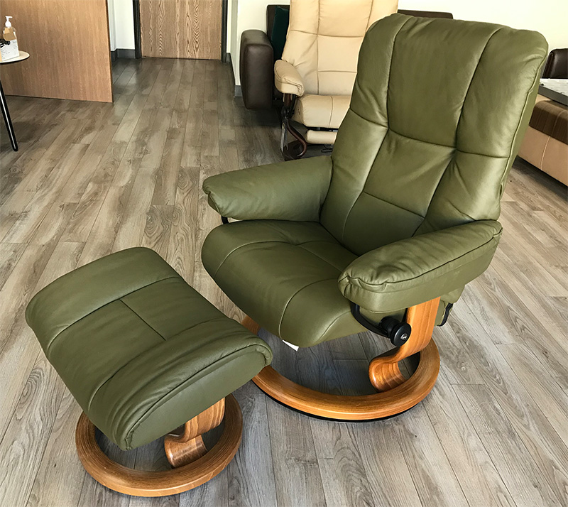 Stressless Mayfair Classic Base Paloma Dark Olive Leather Recliner Chair and Ottoman by Ekornes