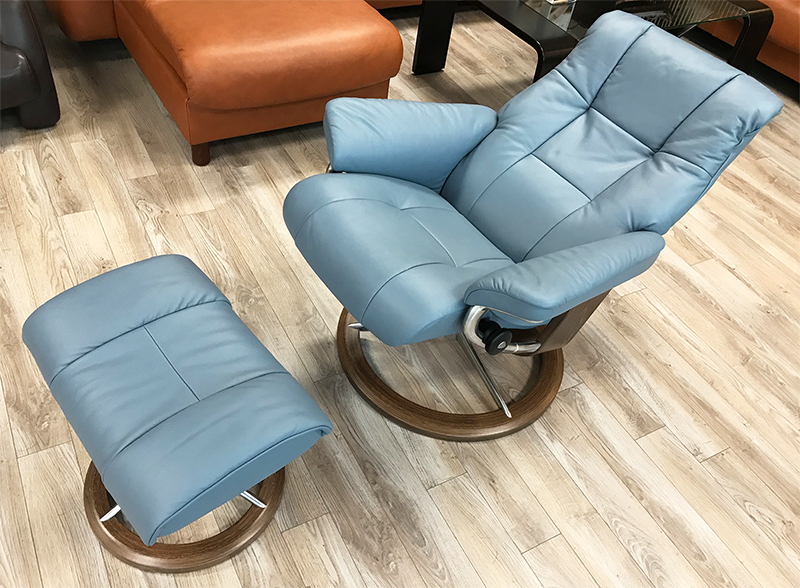 Stressless Mayfair Signature Base Paloma Sparrow Blue Leather Recliner Chair and Ottoman by Ekornes