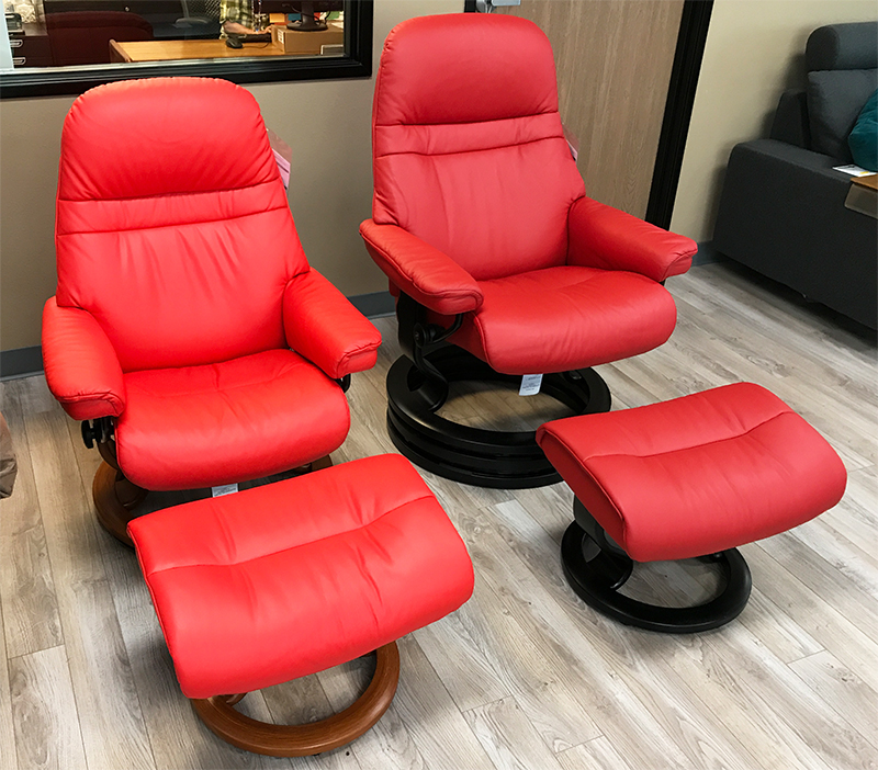 Stressless Sunrise Medium Paloma Tomato and Chilli Red Leather Recliner Chair and Ottoman