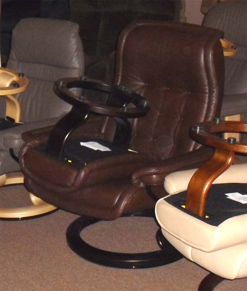 Stressless Royal Dark Brown Royalin Leather Recliner Chair and Ottoman - Black Wood