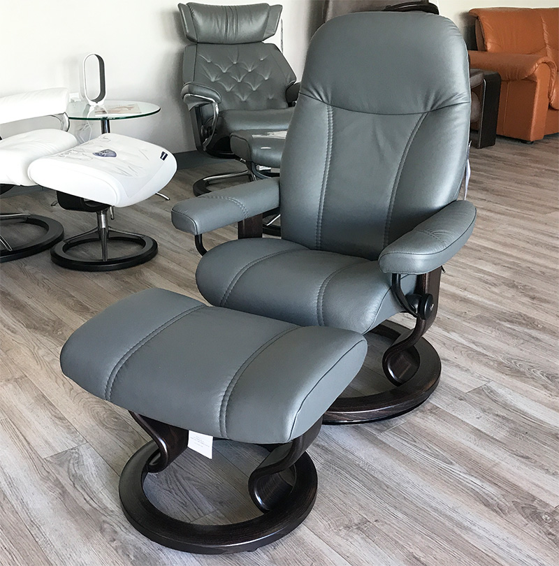 Stressless Consul Recliner Chair and Ottoman Batick Grey Leather by Ekornes