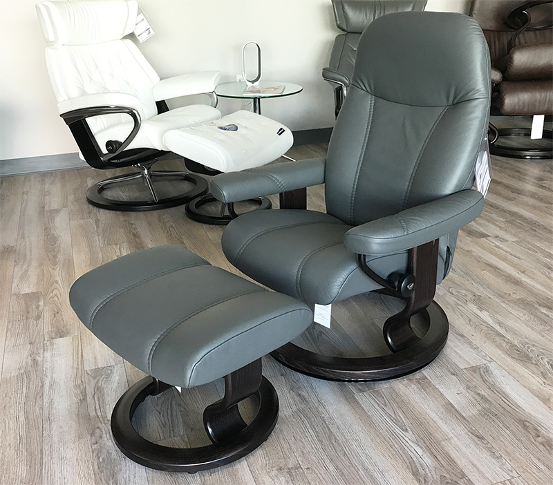 Stressless Consul Recliner Chair and Ottoman Batick Grey Leather by Ekornes