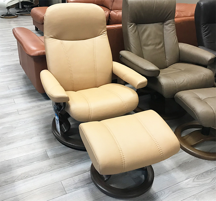 Stressless Consul Recliner Chair and Ottoman in Paloma Pearl Leather by Ekornes