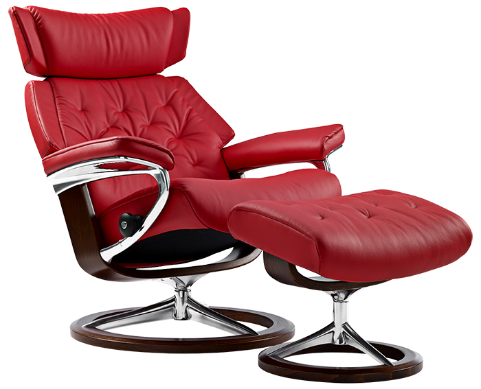 Stressless Skyline Signature Polished Aluminum Chrome Base Medium Tomato Leather Recliner Chair and Ottoman by Ekornes