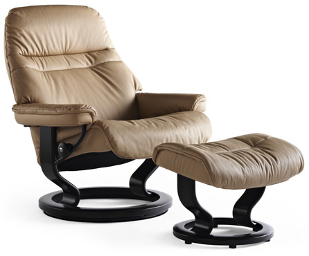 Stressless Sunrise Classic Wood Base Recliner Chair and Ottoman