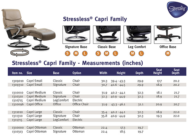 Stressless Capri Recliner Chair and Ottoman Size Dimensions