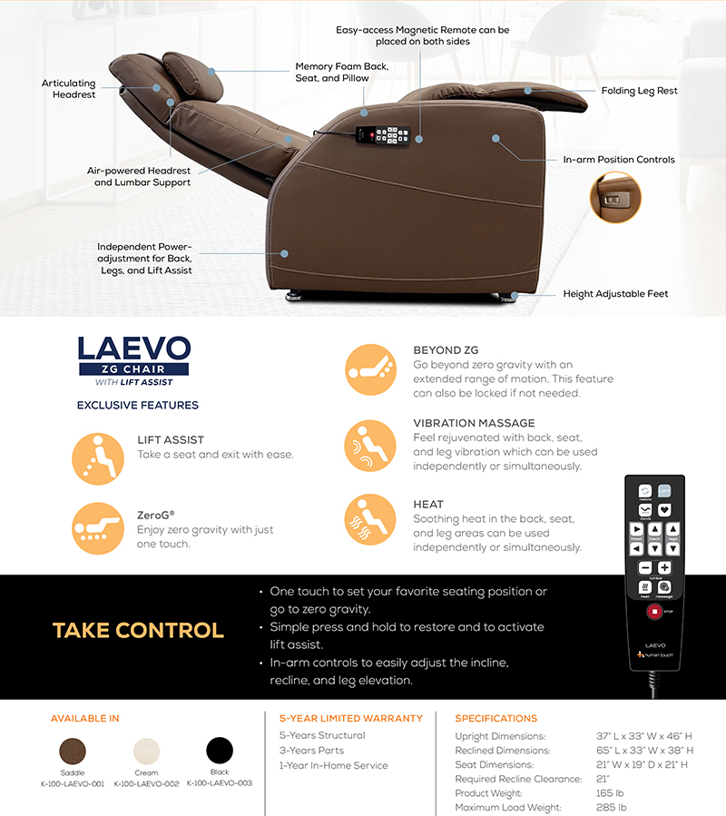 Human Touch Laevo ZG Zero Gravity Massage Chair Recliner with Lift Assist Features